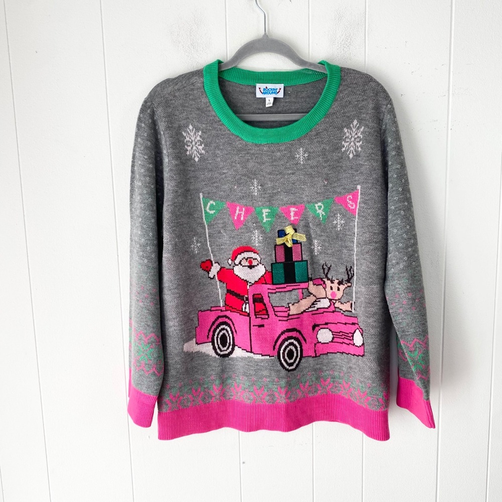 Rockin Around Santa Reindeer Pink Truck Light Up Ugly Christmas Sweater Large